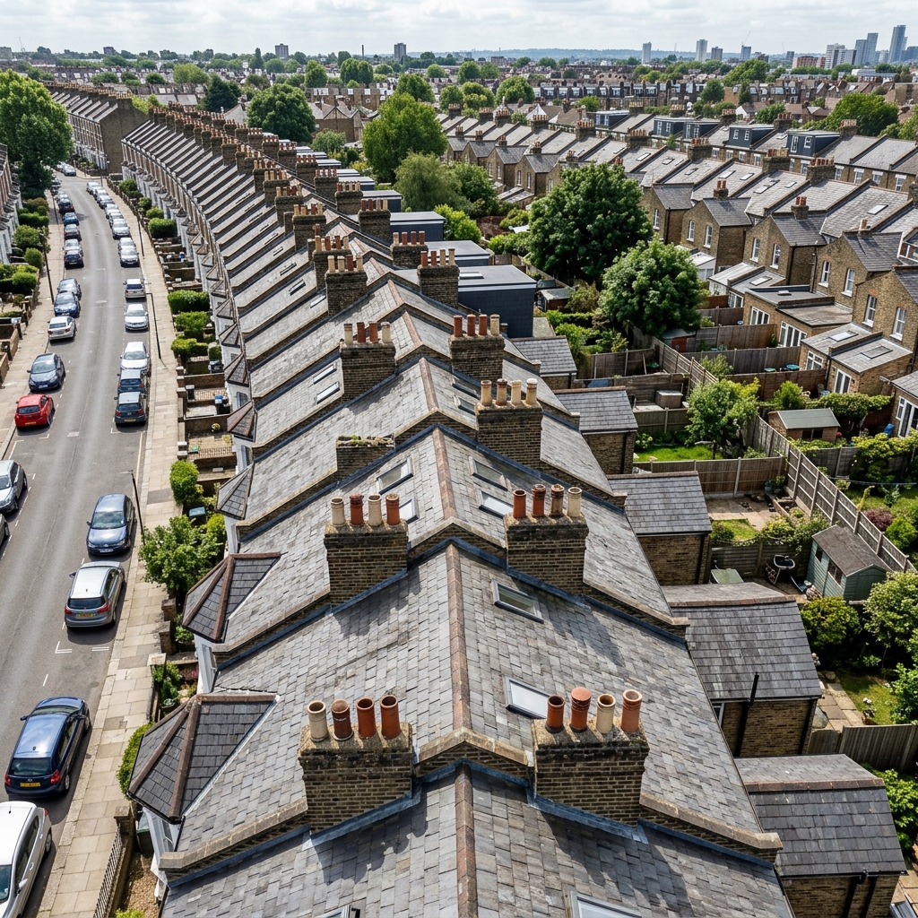 Residential terraced house roof aerial view